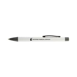 A white pen with a black clip, featuring a logo and branding for Keystone Financial Services.