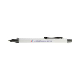 A white pen with a black tip and clip, featuring a logo on its side.