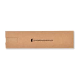 A long, brown envelope featuring a logo, with an open end for contents.