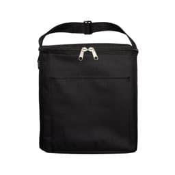 A black cooler bag with a zippered top and a front pocket. The bag features a sturdy handle for easy carrying.