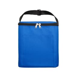 A blue cooler bag features a zippered closure and a black handle for carrying. It includes a front pocket.