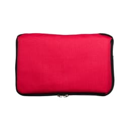 A red cooler bag with a zippered closure, designed for keeping items cool.