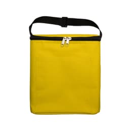 A yellow cooler bag with a zippered top and a black strap, featuring an exterior pocket on the front.