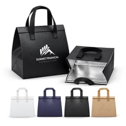 A black cooler bag with an insulated interior and sturdy handles, alongside options in white, navy, and brown.