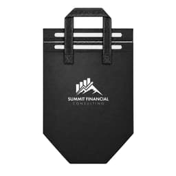 A black cooler bag featuring a logo, with two top handles and a structured base.
