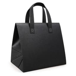 A black cooler bag with sturdy handles and a structured design, featuring a logo on the front.