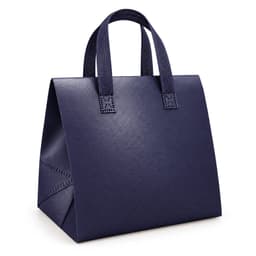 A navy blue cooler bag with sturdy handles and a structured design. It features a logo on the front.