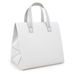 A white cooler bag with structured sides and patterned handles. It features a simple design and includes a logo.