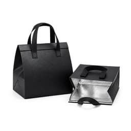 A black cooler bag with handles, featuring an insulated silver interior and a foldable design. It has a logo on it.