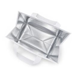 A white cooler bag with a silver insulated interior and two sturdy handles. Features a simple design.