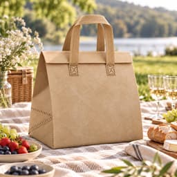 A brown cooler bag with a top handle, featuring a simple design. It has a logo and is set in a picnic environment.