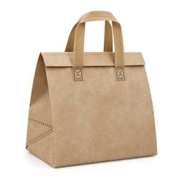 A tan cooler bag with two sturdy handles and decorative stitching, featuring a logo on the front.