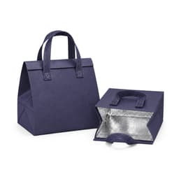 A navy blue cooler bag with sturdy handles and an insulated interior. It has a square shape and is fully closed.