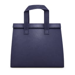A navy cooler bag with two textured handles and a structured design. It features a logo on the front.