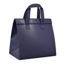 A navy blue cooler bag with sturdy handles and a structured design, featuring a logo.