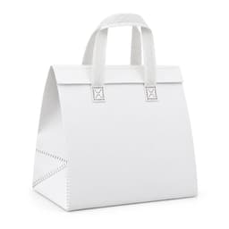 A white cooler bag with sturdy handles and a structured design, featuring a logo on the front.