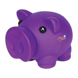 A purple piglet coin bank with black eyes and a smooth finish, featuring a logo on the side.