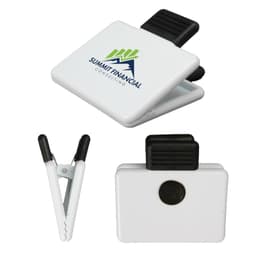 A white magnetic clip is displayed, featuring a black grip and a logo on one side.