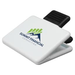 A magnetic clip featuring a white body with a black grip and a logo in green and blue for Summit Financial Consulting.