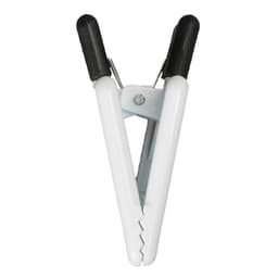 A white Crest Magnetic Clip with black rubber grips, designed for holding papers or notes.