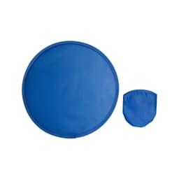A round blue frisbee alongside a small pouch for convenient storage.