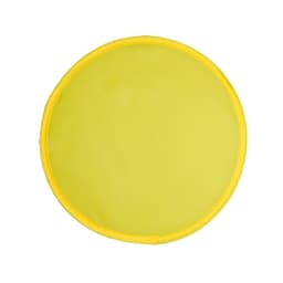 A round, collapsible disc in bright yellow, featuring a yellow fabric cover and a durable outer edge.