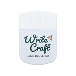 A white magnetic clip featuring a logo and text, designed for holding papers or notes securely.