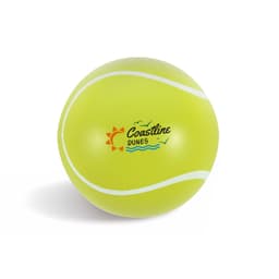 A bright yellow tennis ball with a logo, featuring a smooth surface and a classic tennis design.