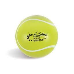 A bright yellow tennis ball with a logo, featuring classic white seam lines. Ideal for leisure and outdoor sports.