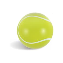 A bright yellow tennis ball with white stripes, featuring a logo on the surface.
