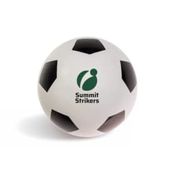 A white soccer ball with black pentagon panels and a logo featuring a green design.