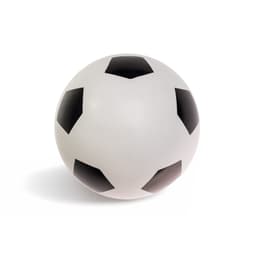 A white soccer ball with black pentagonal patches and a logo. Ideal for leisure and outdoor activities.