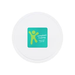 A round, white disc featuring a green logo of a person with arms raised, labelled "JumpStart Training".