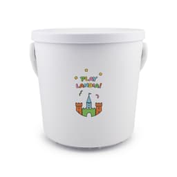 A white bucket with a playful design featuring a castle and text that reads "PLAY LANDIA!"