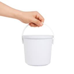 A hand holding a white bucket with a handle, positioned against a plain background.