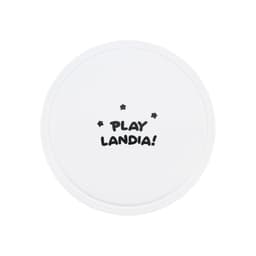 A round, white game disc with a playful design and a logo.