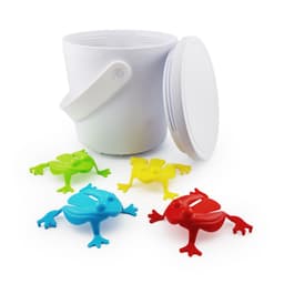 A white container with a lid and four plastic jumping frogs in blue, red, yellow, and green.
