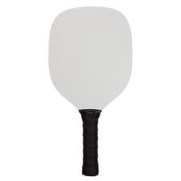 A pickleball paddle with a solid white surface and a textured black handle.