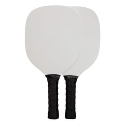 A pickleball set featuring two paddles with black grips and white paddle surfaces.