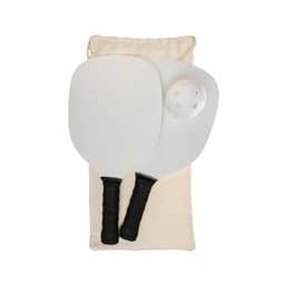 A Pickleball set featuring two paddles and a ball, all neatly packaged in a canvas storage bag.