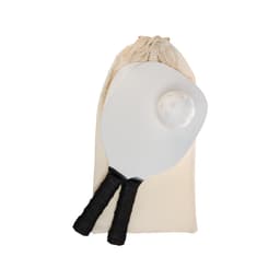 A pickleball set featuring two paddles and a plastic ball, all packaged in a soft drawstring bag.