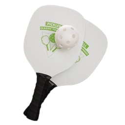 A pickleball set featuring two paddles with a white and green design and a perforated ball.