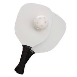 A pickleball set featuring two paddles and a perforated plastic ball.