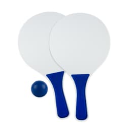 A blue and white paddle and ball set featuring two paddles and a ball. The paddles have blue handles and blank surfaces.
