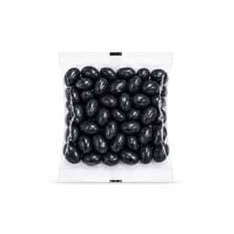 A clear cello bag filled with shiny black jelly beans, neatly packaged.