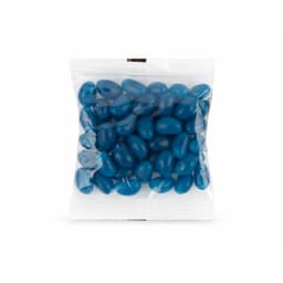 A clear cello bag containing blue jelly beans, showcasing their glossy surface and distinct oval shape.