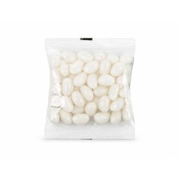 A clear cello bag filled with white jelly beans, showcasing their shiny, smooth surface.