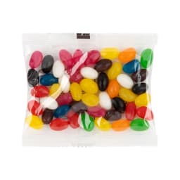 A 50 gram cello bag filled with assorted jelly beans in vibrant colours, including red, yellow, green, and blue.