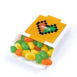 A box of jelly beans in green, yellow, and orange colors, with a branding logo on the packaging.