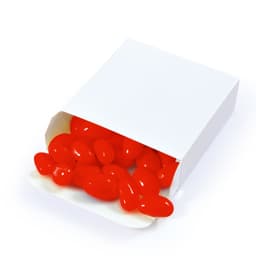 A box of red jelly beans is opened, with some candies spilling out onto a white background. The box is plain and has a logo.